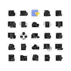 Online surveillance and censorship black glyph icons set on white space. Securing accounts. Targeting advertisement. Location tracking. Online scam. Silhouette symbols. Vector isolated illustration