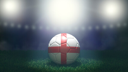 Soccer ball in flag colors on a bright blurred stadium background. England. 3D image - obrazy, fototapety, plakaty