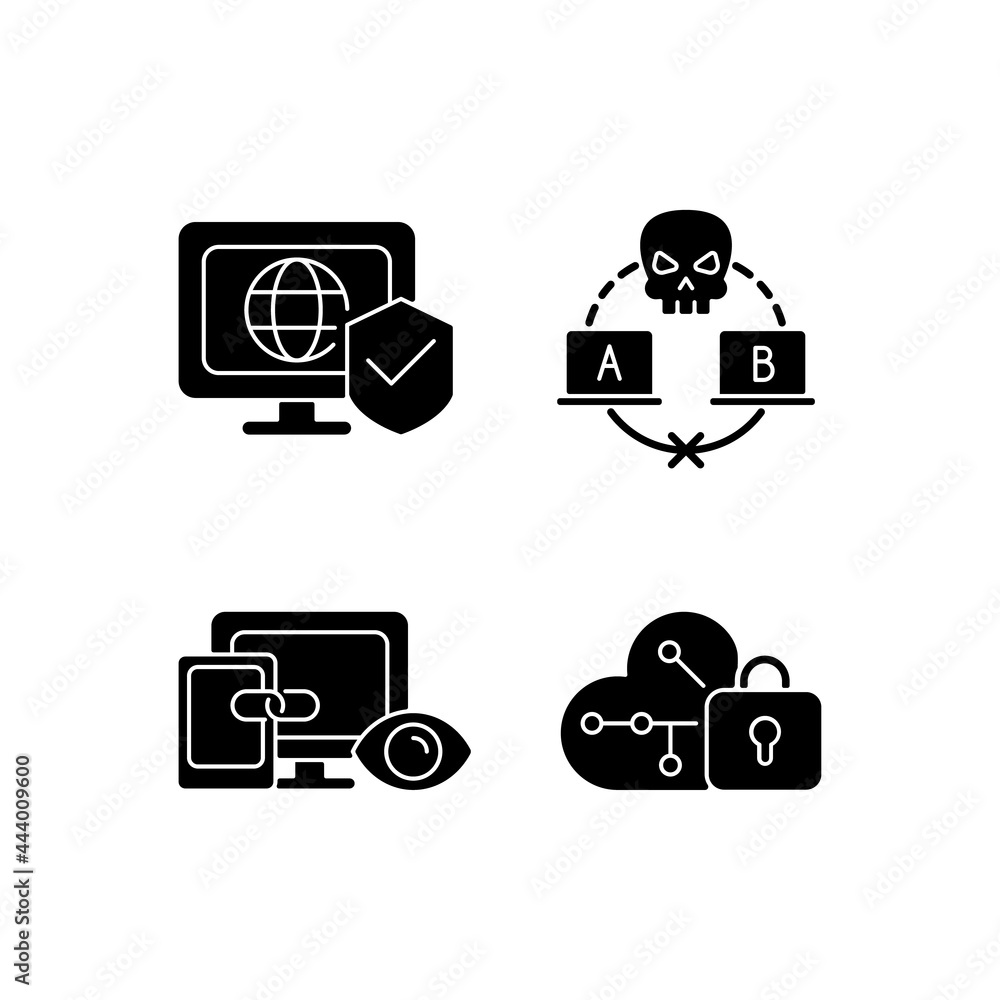 Poster internet privacy black glyph icons set on white space. network security. sniffing attack. cross-devi