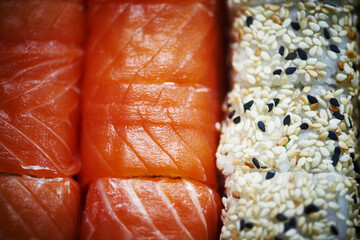 Rows of variety sushi close up