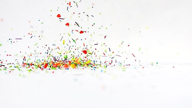 Multi-colored differently shaped sweet sprinkles are poured on a wooden white table on a white background. Slow motion bright fun video.