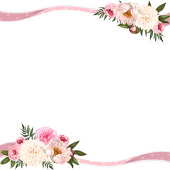 優しい色使いの花のバラとダリアと牡丹と植物のリボン付き美しい白バックフレームイラスト素材