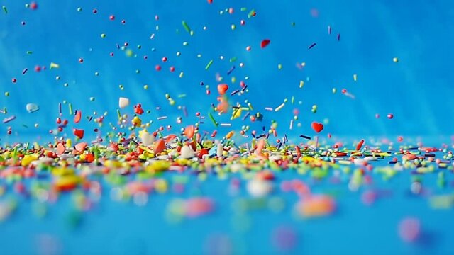 Multi-colored differently shaped sweet sprinkles are poured on a wooden blue table on a light blue background. Slow motion bright fun video.
