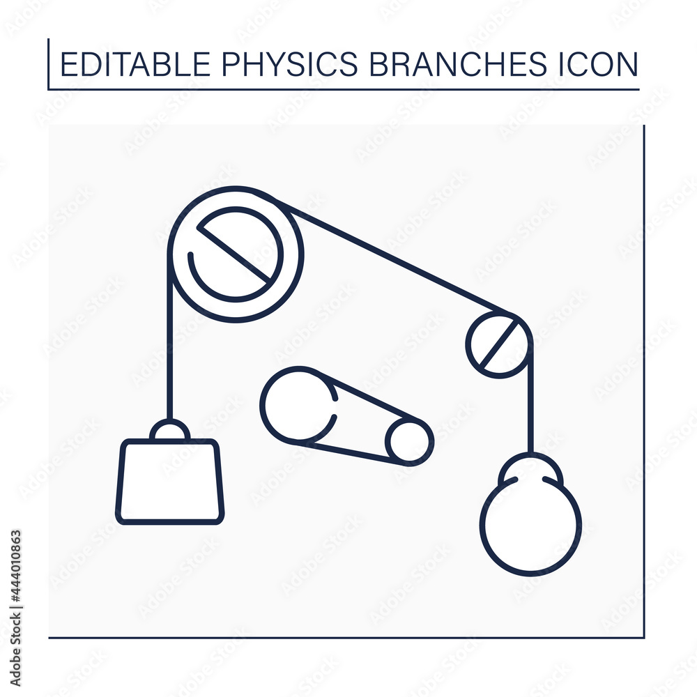 Poster classical physics line icon. based on classical mechanics. properties of mechanical systems. mechani