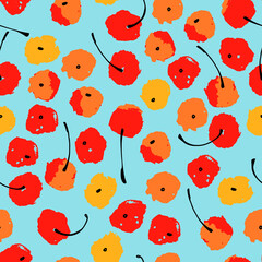 Seamless repeating pattern with stylized stone fruit like cherries. Painted colorful illustration on light-blue background for surface design and other design projects