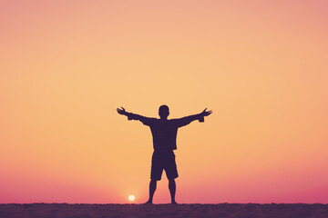 Fototapeta na wymiar Copy space of man rise hand up on sunset sky at beach and island background.