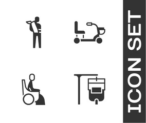Set IV bag, Human broken arm, Woman in wheelchair and Electric icon. Vector