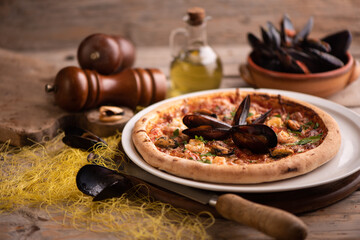 Seafood Pizza on Rustic Wood Table