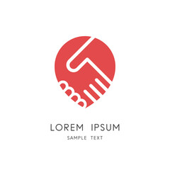 Handshake and place pointer logo - shake hands and address symbol. Business deal and partnership agreement, collaboration and cooperation vector icon.