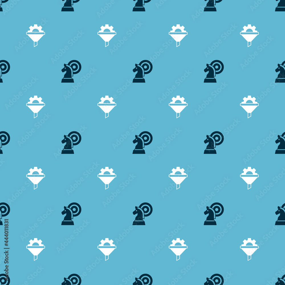 Poster set chess and sales funnel with gear on seamless pattern. vector