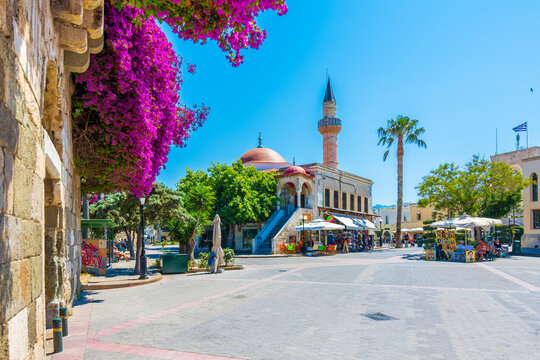 Fototapeta Famous Eleftherias square view in Kos Town. Kos Island is a popular tourist destination in Greece.