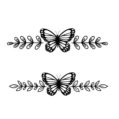 Butterfly monogram. Text divider set. Floral border. Outline drawing. Line vector illustration.  Isolated on white background. Design of invitations, wedding or greeting cards.