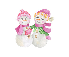 Hand drawn watercolor illustration.Cute happy snowmen.Good for New year greeting card,postcard.