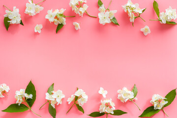 Obraz na płótnie Canvas Floral frame pattern. Blossom jasmine flowers flat lay. Top view
