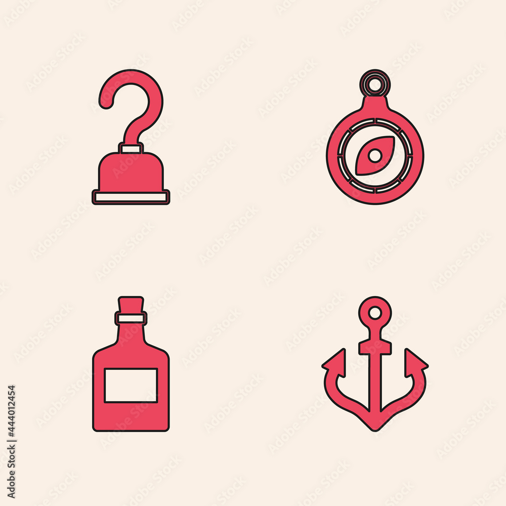 Wall mural set anchor, pirate hook, compass and alcohol drink rum icon. vector