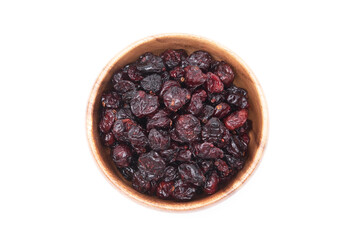 Top view of dried cranberries in wooden bowl isolated on white background.