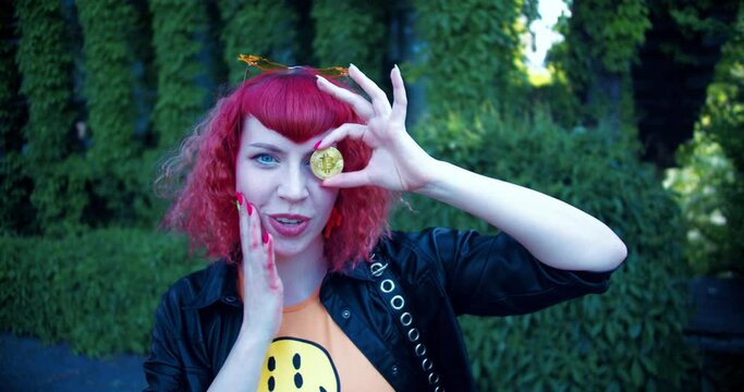orange glasses Girl amazed by bitcoin