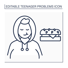 Obesity line icon. Overweight. Obeseness due stress, depression, anxiety and emotional issues. Teenager problem concept. Isolated vector illustration. Editable stroke