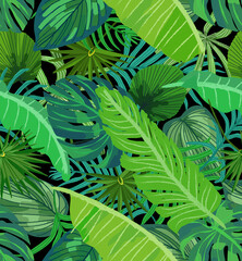 Tropical vector seamless leaves pattern. strong greens leaves of exotic monstera and palm plant on black background. colorful illustration.