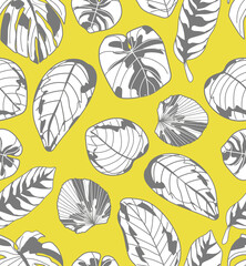 Obraz premium Seamless pattern in color of the year 2021 with tropical leaves and hand-drawn blotches and marker strokes.