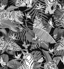 Seamless Pattern Black and White Jungle Tropics Rainforest Exotic Wildlife Tiger Animals on dark background.
