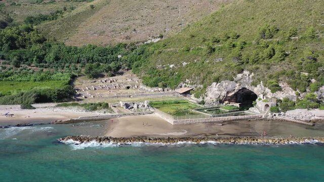 Riviera di Ulisse, Sperlonga, the Grotta di Tiberio and its beach.
Aerial shot with drone of the coast of Sperlonga,