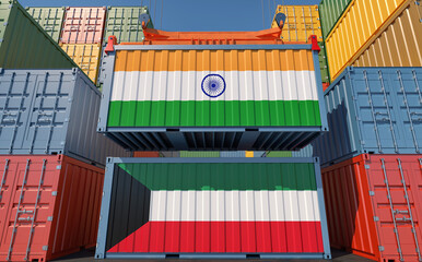 Container Terminal. Two cargo Container with Kuwait and India national flags. 3D Rendering