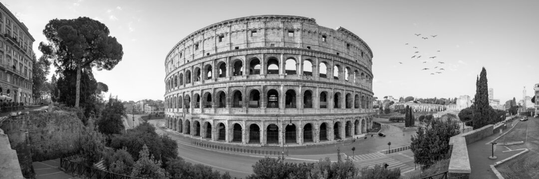 Colosseum panorama in black and white, Rome, Italy
