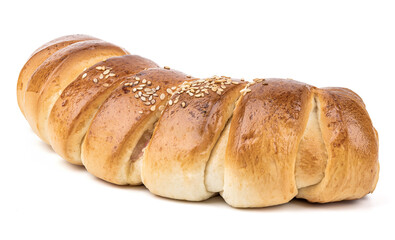 rolled cheese and ham bun isolated on white background. bakery cut out