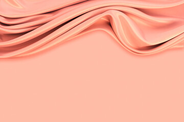 Beautiful elegant wavy light pastel orange peach satin silk luxury cloth fabric texture with monochrome background design. Copy space