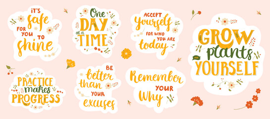 Set of stickers with motivational and inspirational lettering. Collection of hand-drawn designs in worm colors.  - obrazy, fototapety, plakaty