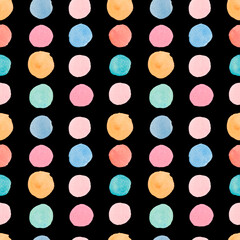 Watercolor seamless polka dot pattern on black isolated background.  Abstract and textural print on white isolated hand drawn background. Designs for textiles, wrapping paper, fabric, packaging.