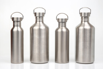 Steel flasks for water and drinks on a white background. Survival hiking gear
