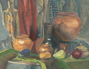 still life with pots and vegetables painting  - 444016611