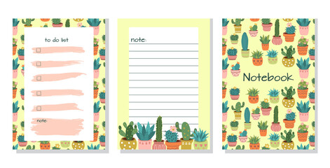 Template for to-do list, schedule, organizer or notebook with cover. Set of agenda blank lists for daily planning with colorful cactus illustrations. Vector illustration in doodle style.
