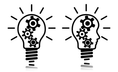 Idea lightbulb set illustration on white background. Regular and head shaped bulb design with gear wheels. Business concept bulb to use in idea, teamwork, innovation, startegy projects.
