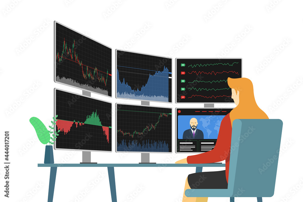 Poster stock market female trader at workplace looking at multiple computer screens with financial chart, d