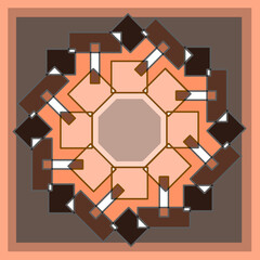 Geometric symmetrical design for using shapes of square and rectangles and hexagon. Earthy colour scheme of brown and beige, backgrounds.