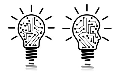 Idea lightbulb set illustration on white background. Regular and head shaped bulb with circuit board design. Business concept bulb to use in idea, teamwork, innovation, startegy projects.