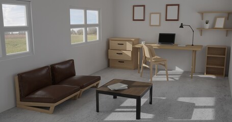 3d render interior room. minimal style design. working desk. home interior design. template for website, wallpaper, and mockup.