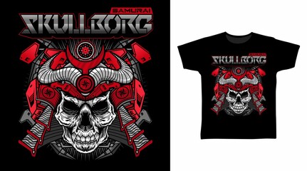Illustration of Red Samurai Skull Cyborg vector t-shirt design concept.