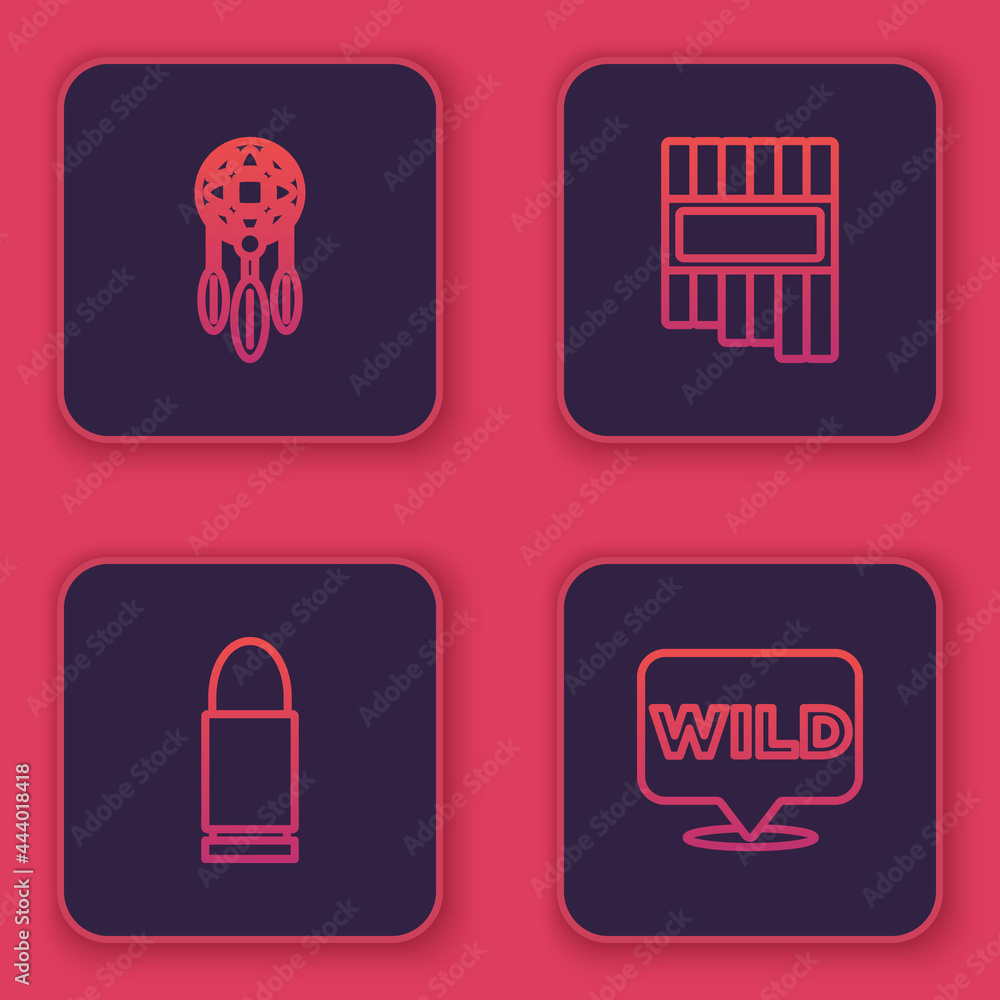 Poster set line dream catcher with feathers, bullet, pan flute and pointer to wild west. blue square button