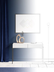 The sketch becomes a real room in deep blue tones with a horizontal poster over a console with decorative copper vases, a thick blue curtain, a lamp, a blue carpet on a white parquet floor. 3d render