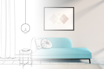 The sketch becomes a real room with a horizontal poster on a light beige wall, blue curtains, a lamp over a coffee table next to a blue couch with two pillows, a carpet on colored parquet. 3d render