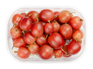 Red gooseberries in a plastic container. Fresh and ripe berries, fruits of Ribes uva-crispa, also European gooseberry, with a sourish sweet taste. Close-up from above, isolated over white, food photo.