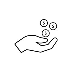 Coin falling icon in hand. Business and money. Vector graphics