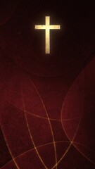 Golden Christian Cross on liturgic red vertical copy space banner background. 3D illustration for online worship during the passion for Christ, Confirmation, Good Friday, Palm Sunday, and Pentecost.