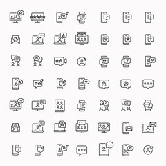 49 chat and communication icons. Support, reviewing, social media, video conference call, messenger and e-learning. Pixel perfect, editable stroke