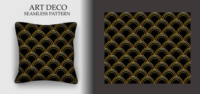Art Deco seamless pattern with pillow mockup. Geometric black and gold. Luxury vintage or antique . Art Deco background. Vector
