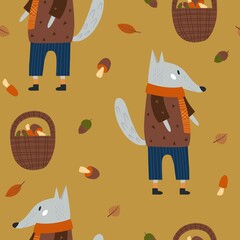 Seamless pattern with mushrooms and wolf. Modern fall seasonal decor. Endless background for fabric, textile, kids design. Hand drawn vector illustration.